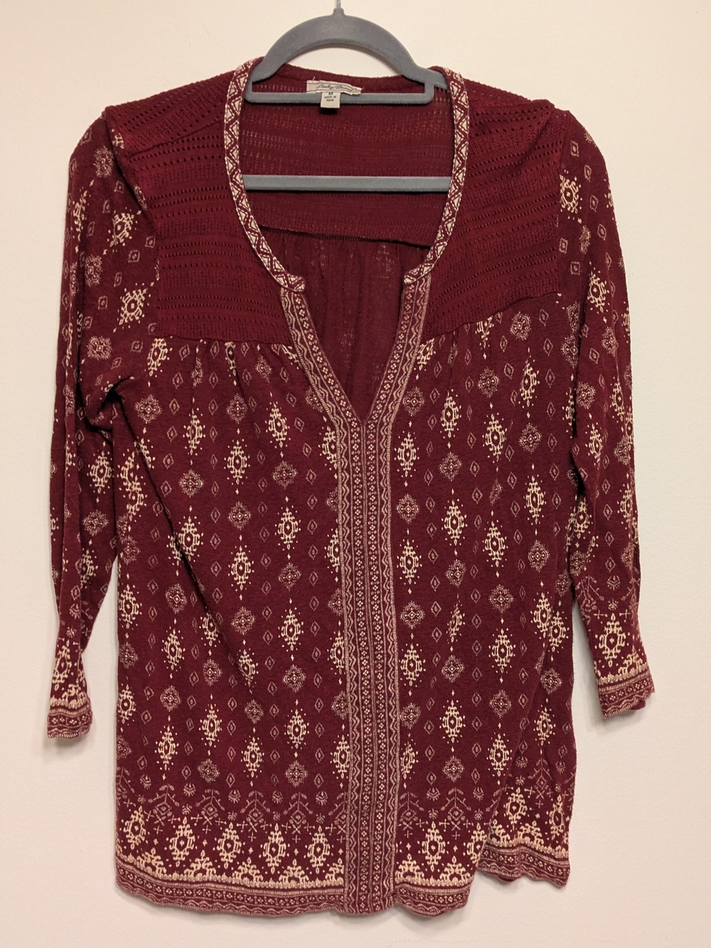 Lucky Brand Burgundy and Cream Patterned Women's Tunic Top